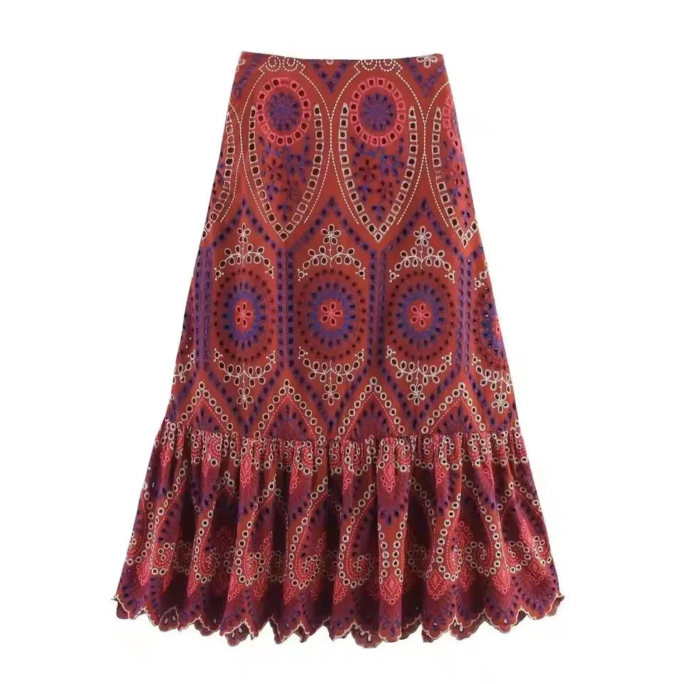 Women Embroidery Hollow Out Suit 2025 Summer Casual Chic O-Neck Fashion Sleeveless Top Long Skirt Fashion Suit