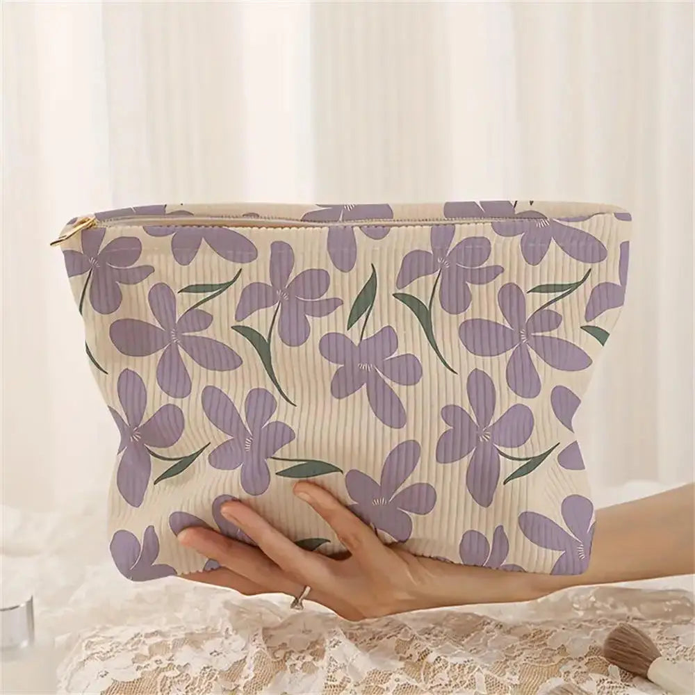 Cosmetic Bag Women Floral Makeup Case Organizer Korean Embroidery Cosmetic Pouch Travel Toiletry Bag Corduroy Canvas Beauty Case
