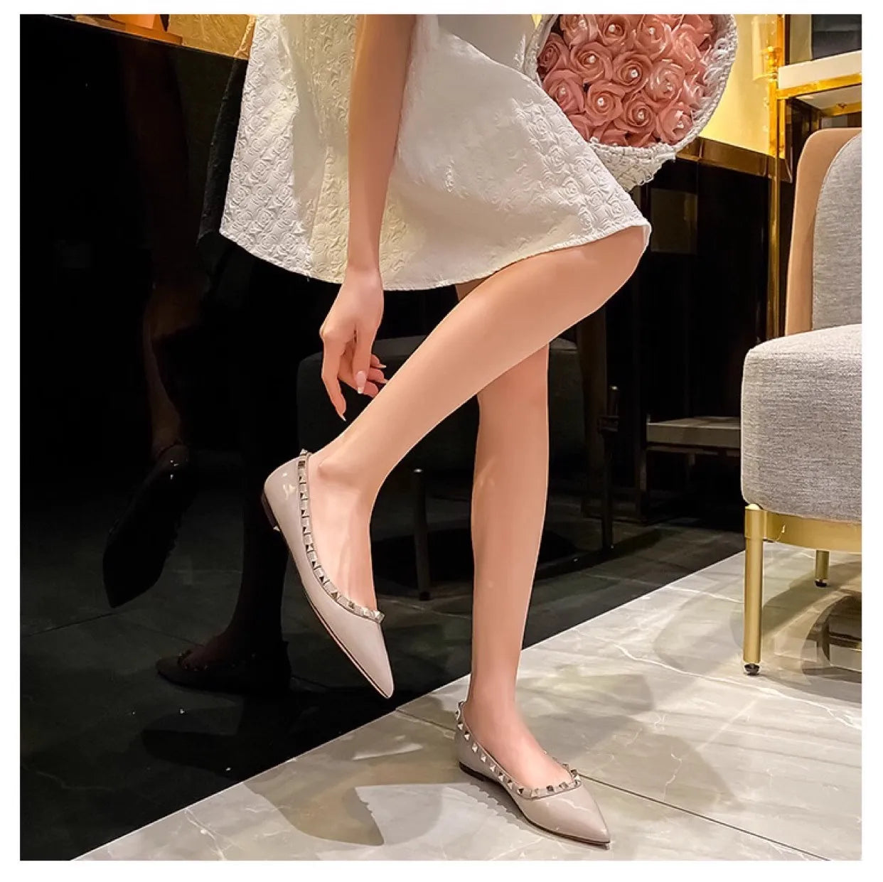 Woman Flats Pointed Toe 2025 Autumn Shallow Mouth Rivets Dress Fashion Flat Shoe Comfortable Patent Leather Outdoor Casual Shoes