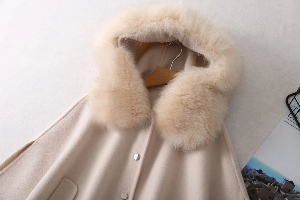 Winter Christmas Girls Woolen Coat  Woolen Cape Fox Fur Collar Kids Jacks for Girls Baby Girl Winter Cloths  Girls NewYear Coat