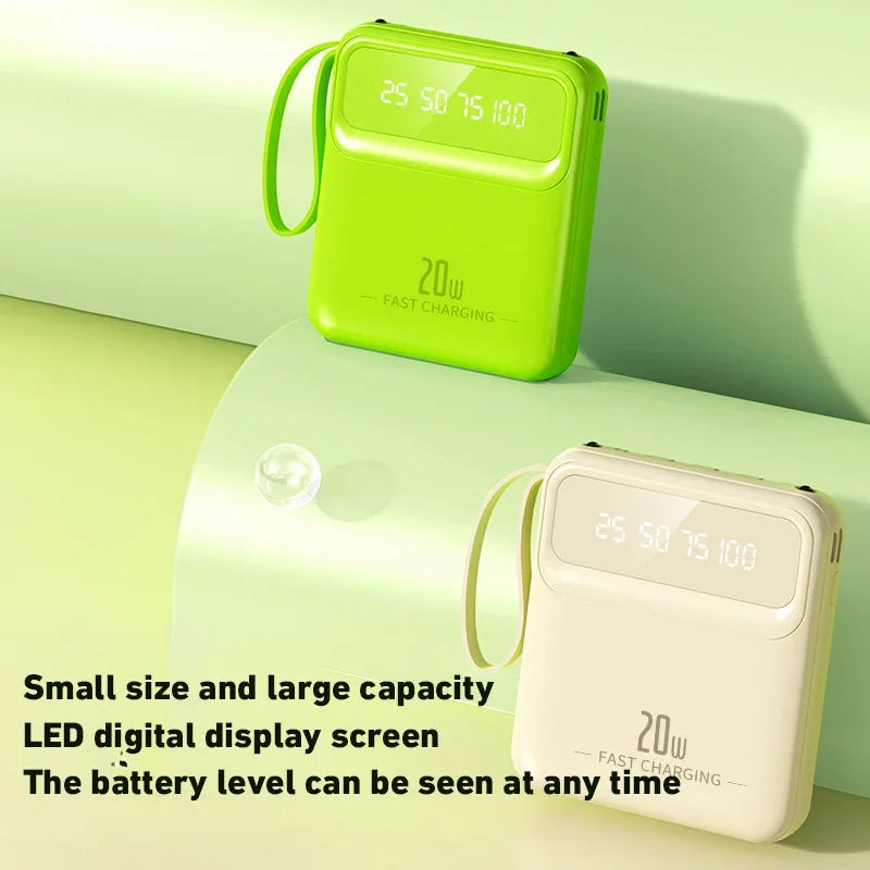 20000mAh Mini Power Bank 4in1 Cable Portable Charger Fast Charging LED Digital Display Poverbank External Battery Mobile Power