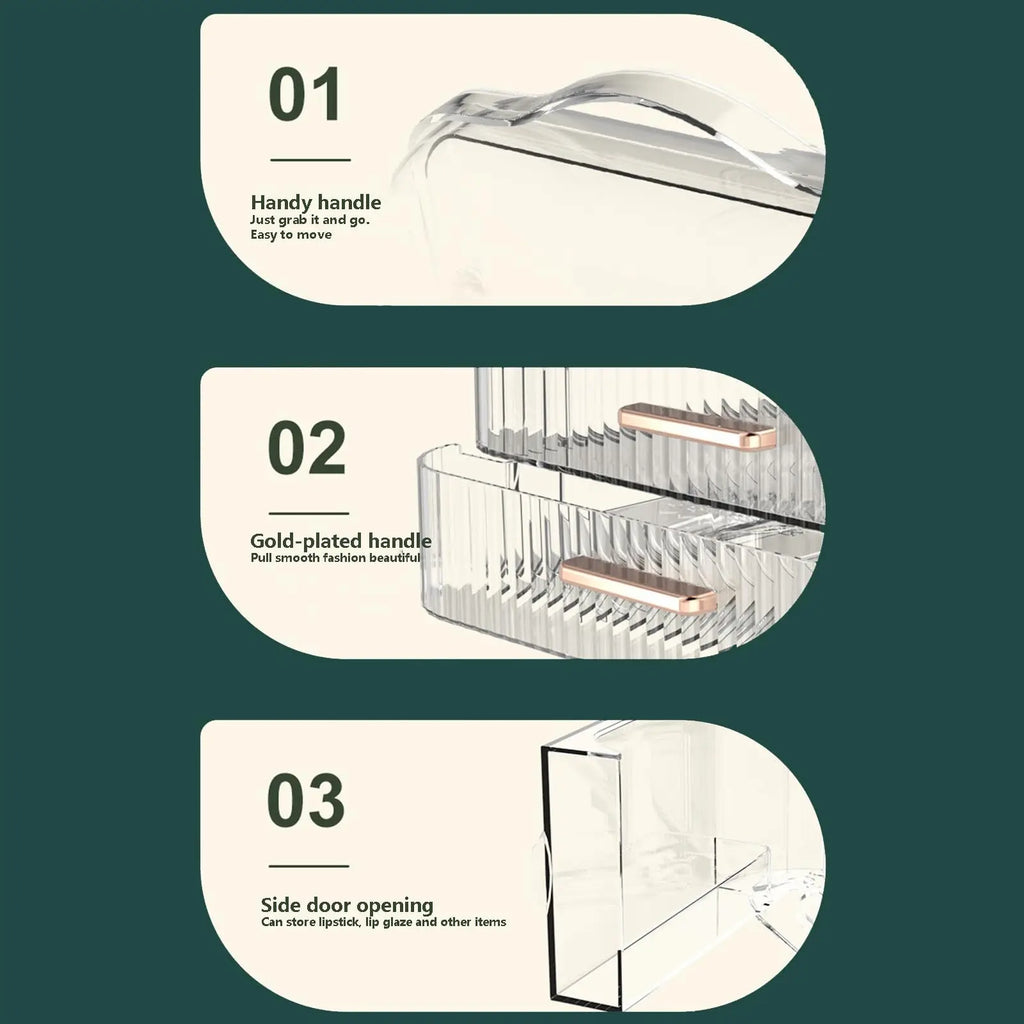 Cosmetics Storage Box With Lid and Handle Large Makeup Organizer Box Drawers for Skincare Display Cases Countertop, Bathroom