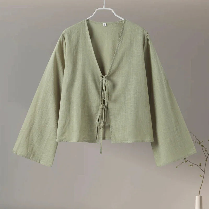 Casual Solid Lace Up Women Blouse Deep V-neck Long Sleeve Loose Female Shirt 2025 Spring Summer New Fashion Sweet Ladies Blouses