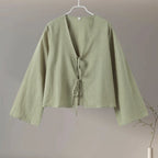 Casual Solid Lace Up Women Blouse Deep V-neck Long Sleeve Loose Female Shirt 2025 Spring Summer New Fashion Sweet Ladies Blouses