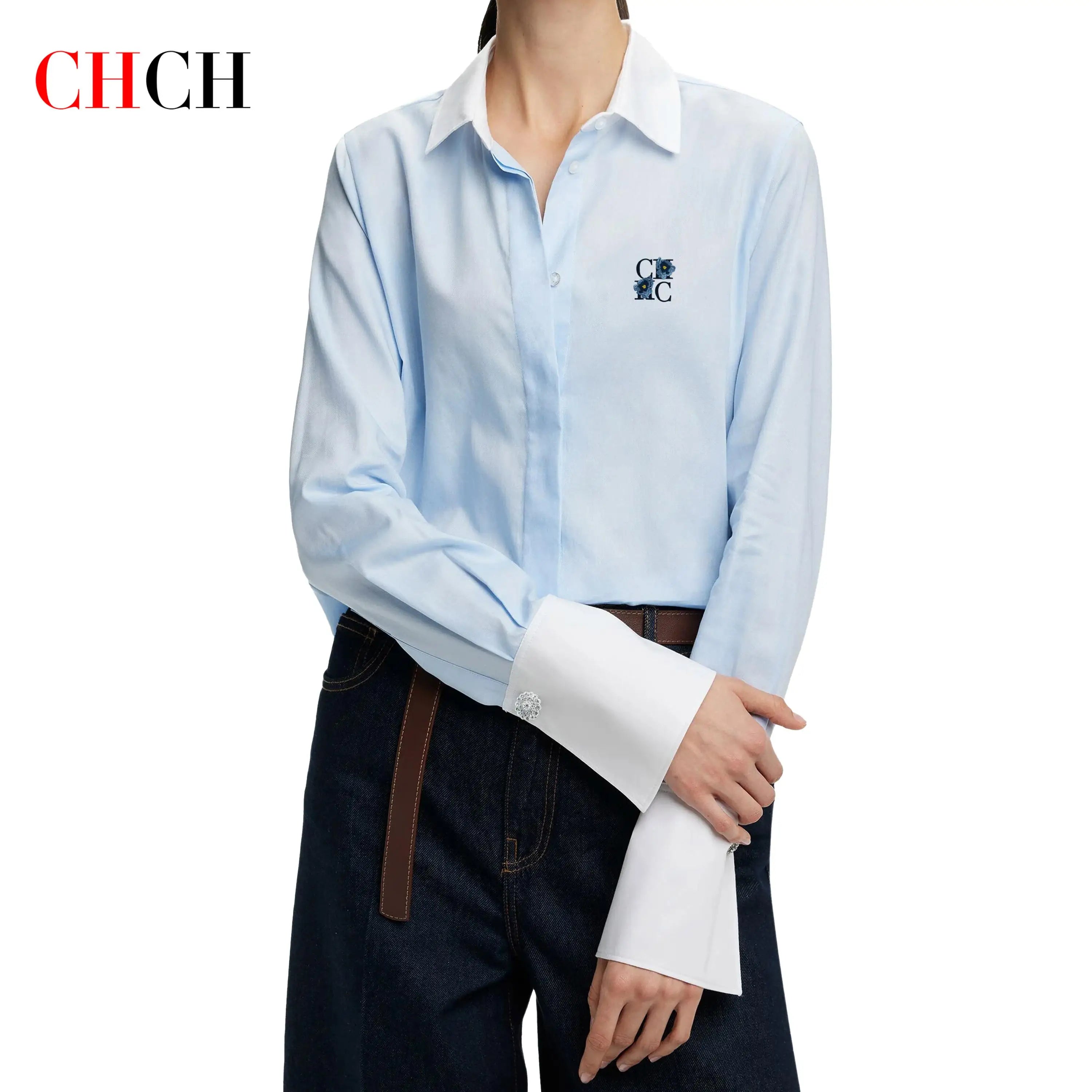 Simple New Women's Shirt Splicing Design Embroidery Flowers Elegant and Versatile Spring and Summer Striped Women's Tops