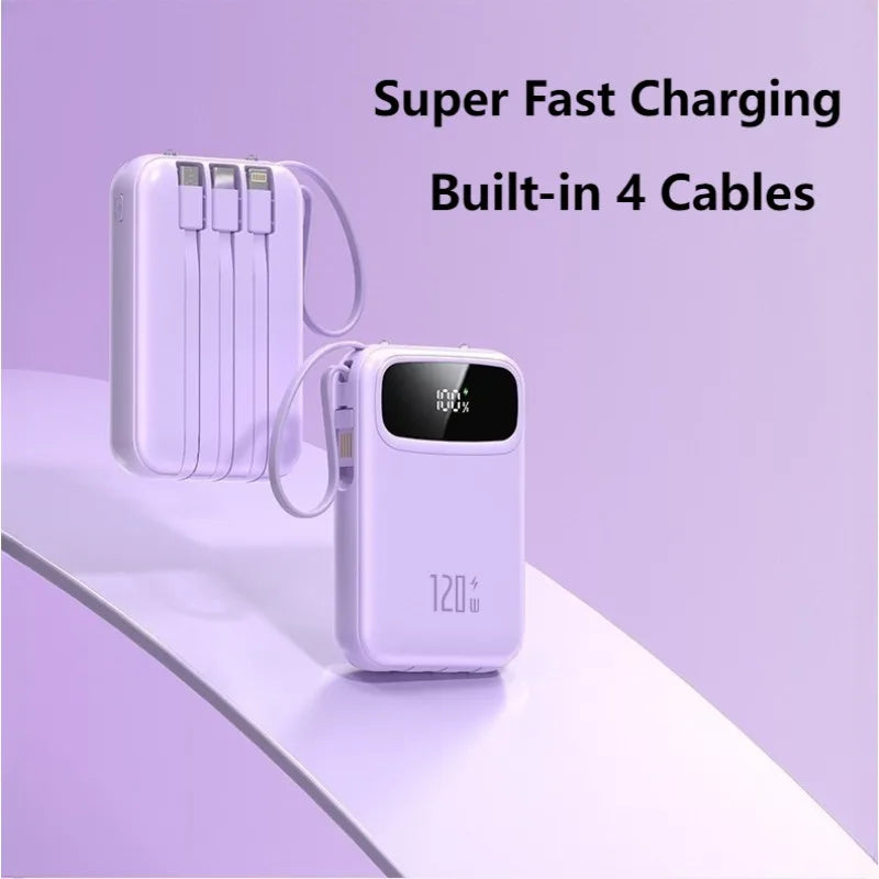 120W Power Bank Super Fast Charging 20000mAH Large Capacity 4 Cables Portable 22.5W Mobile Source Battery Mini