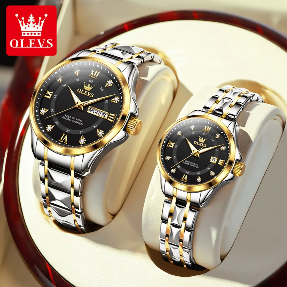 OLEVS 2906 Couple Watch Original Roman Scale Diamond Dial Luxury Quartz Watch For Men Women Rhombus Strap Waterproof Hand Clock