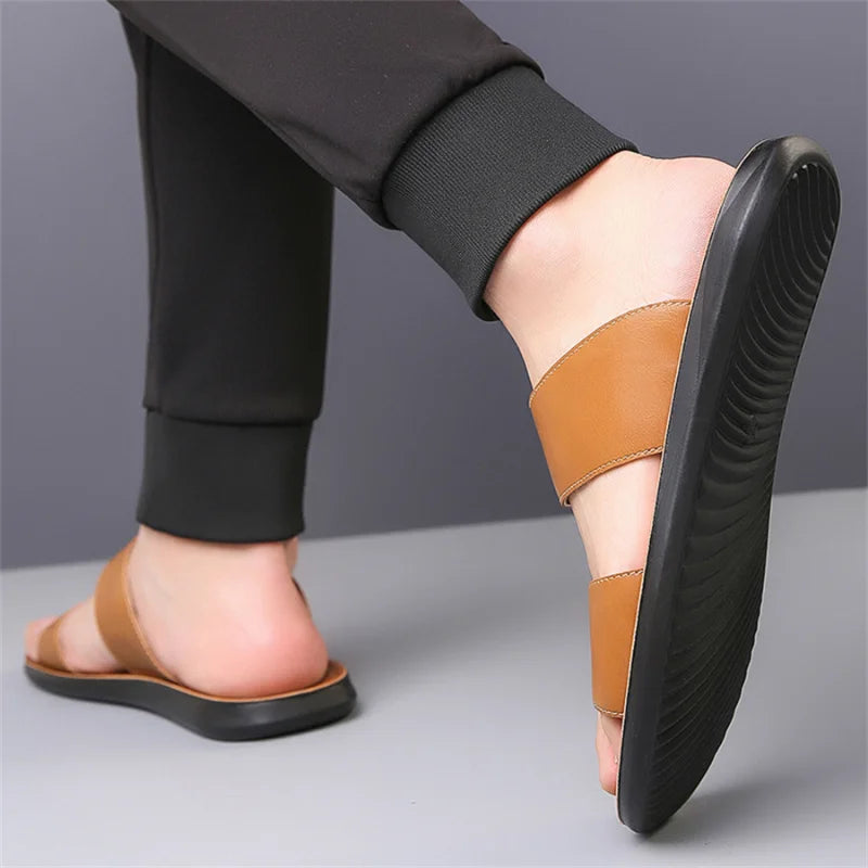 Slippers for Men Luxury Brand Leather Casual Slippers 2025 Summer New Beach Slippers for Men Non Slip Flat Sandals Large Size48