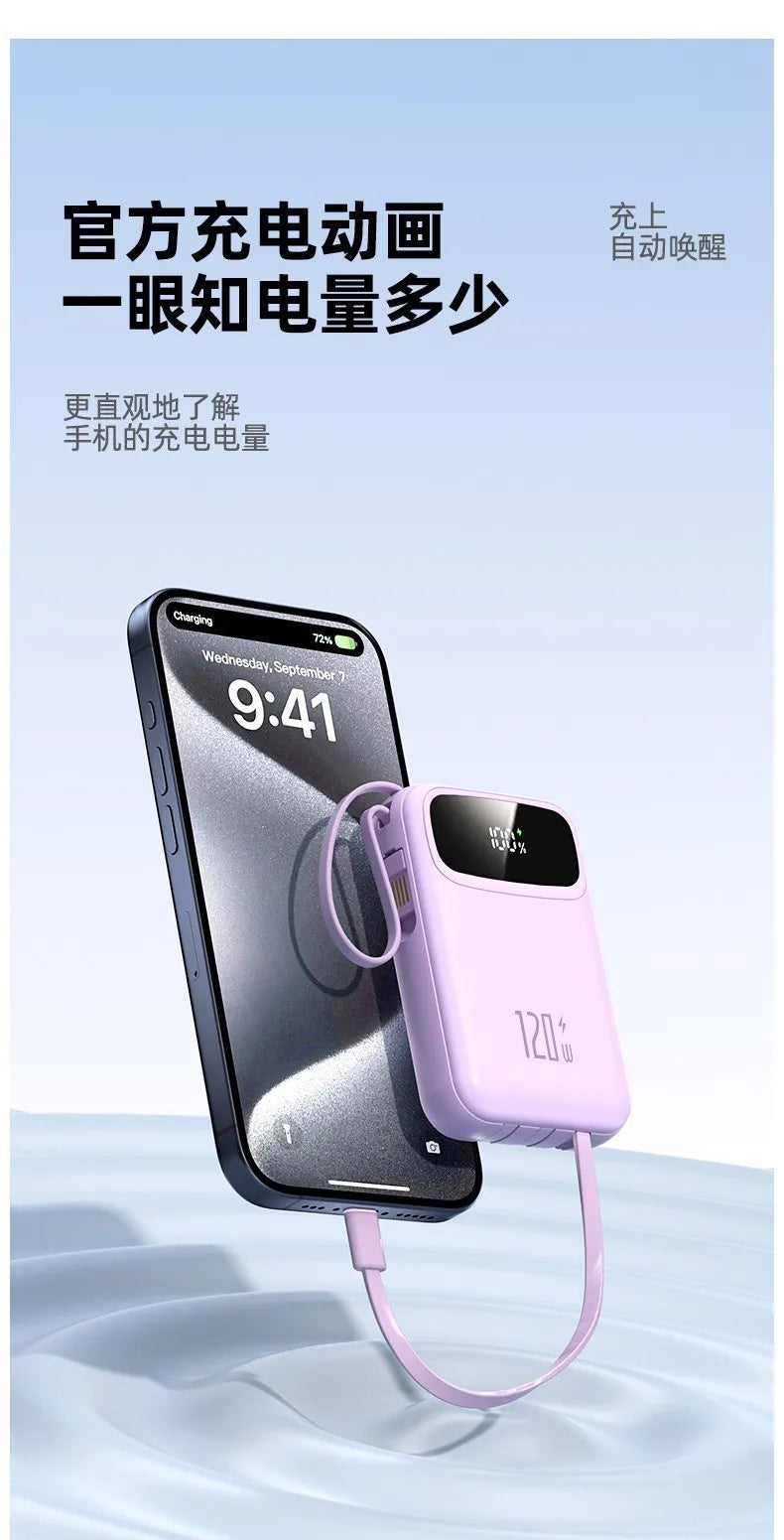 120W Power Bank Super Fast Charging 20000mAH Large Capacity 4 Cables Portable 22.5W Mobile Source Battery Mini