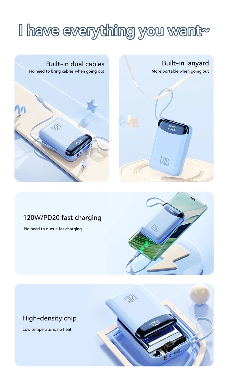 120W Fast Charging Power Bank 20000mAh Large Capacity Portable External Battery Comes with 2 Lines for IPhone Xiaomi Huawei New
