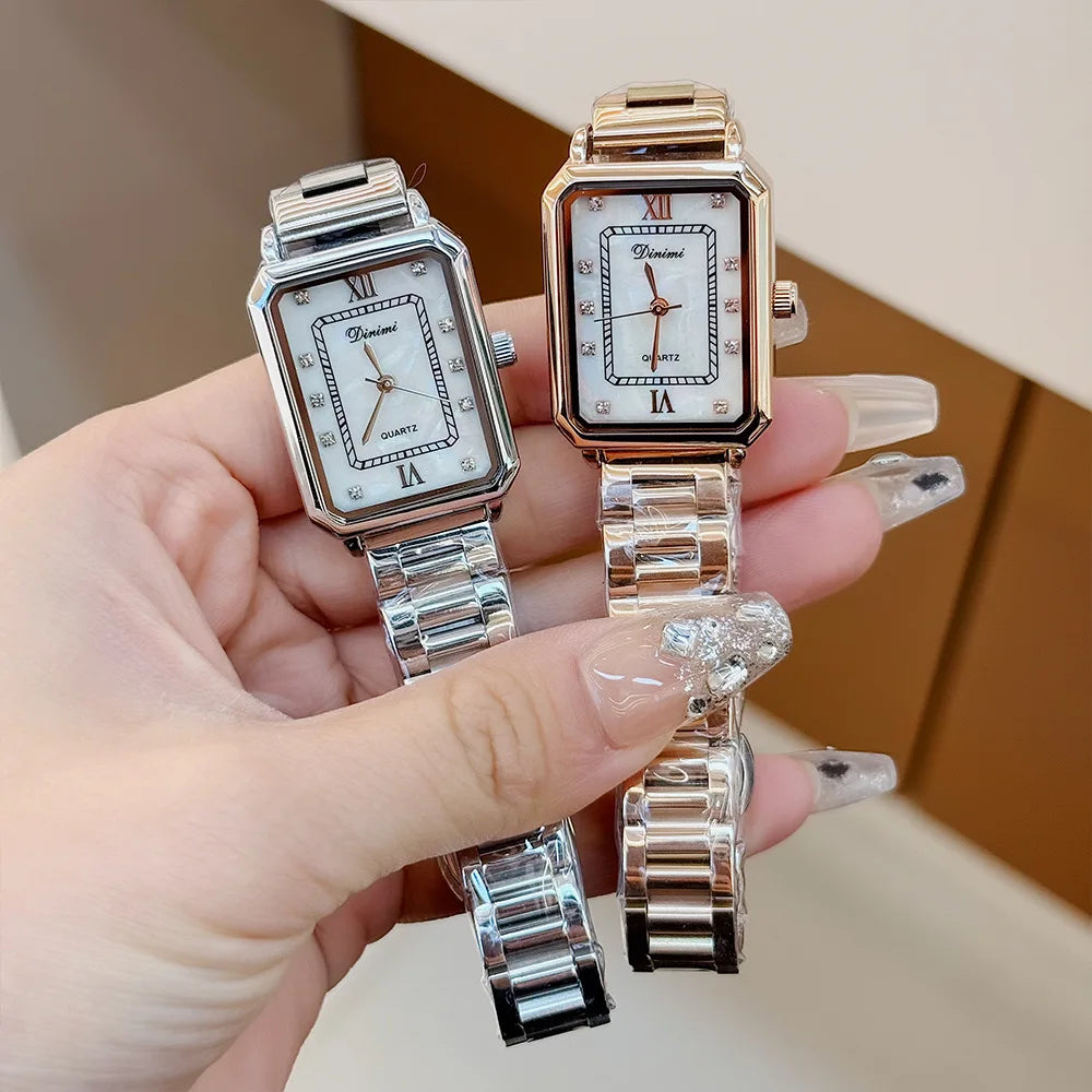 Vintage watches with female personality, niche design, square diamond studded steel strip, quartz watch for women