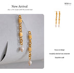 Yhpup Long Hanging Stainless Steel Chain Natural Pearl Drop Earrings Dangle Fashion Party Geometric Charm Temperament Jewelry