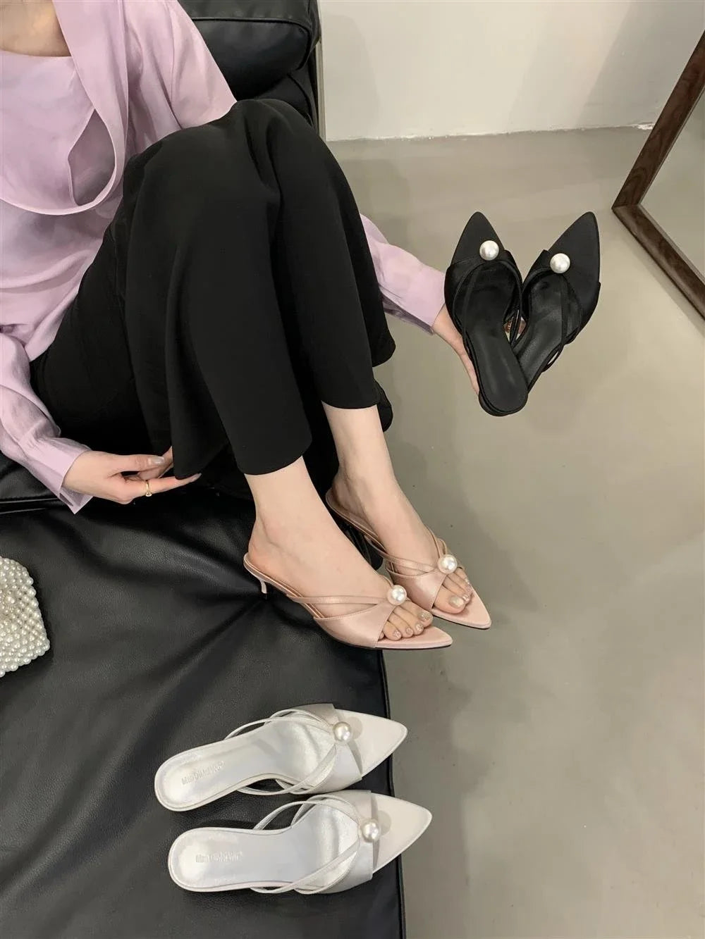 High Heels Slippers Women Bead Pointed Toe Sandals Shoes Summer 2025 Trend Sexy Open Toe Woman Brand Designer Sandalias Pumps