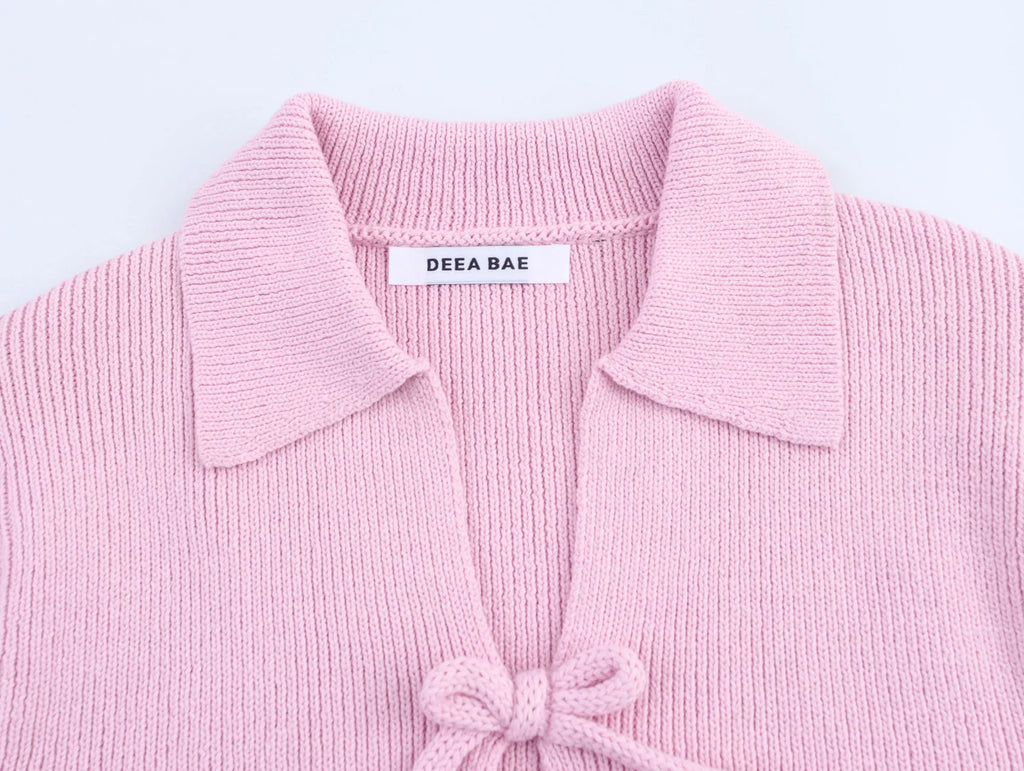 Women Bow Tie Coat Casual Knitted Cardigan Femmes Short Sleeve Women's Clothing Knitwear Outerwears 2142007