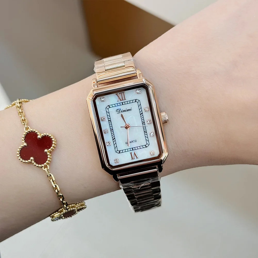 Vintage watches with female personality, niche design, square diamond studded steel strip, quartz watch for women