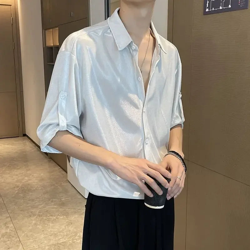 Man Shirt White Plain Hip Hop Shirts For Men Trend Regular Cool Tops Asia Button Up Original Korean Popular Clothes Summer S