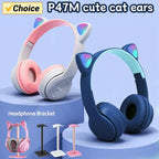 Wireless Headphones Cat Ear Bluetooth-Compatible Helmets Stereo Bass Over-Ear Headsets Sports Headphones for Kids and Adult