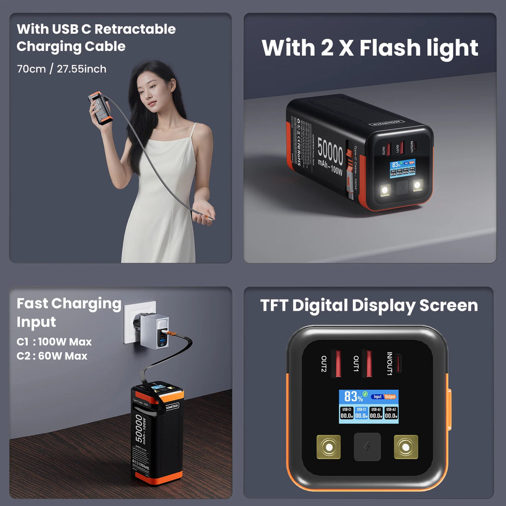 Power Bank 50000mAh 100W PD PPS Super Fast Charging Portable Spare Battery Type-C Retractable Cable Powerbank For Phone Laptop