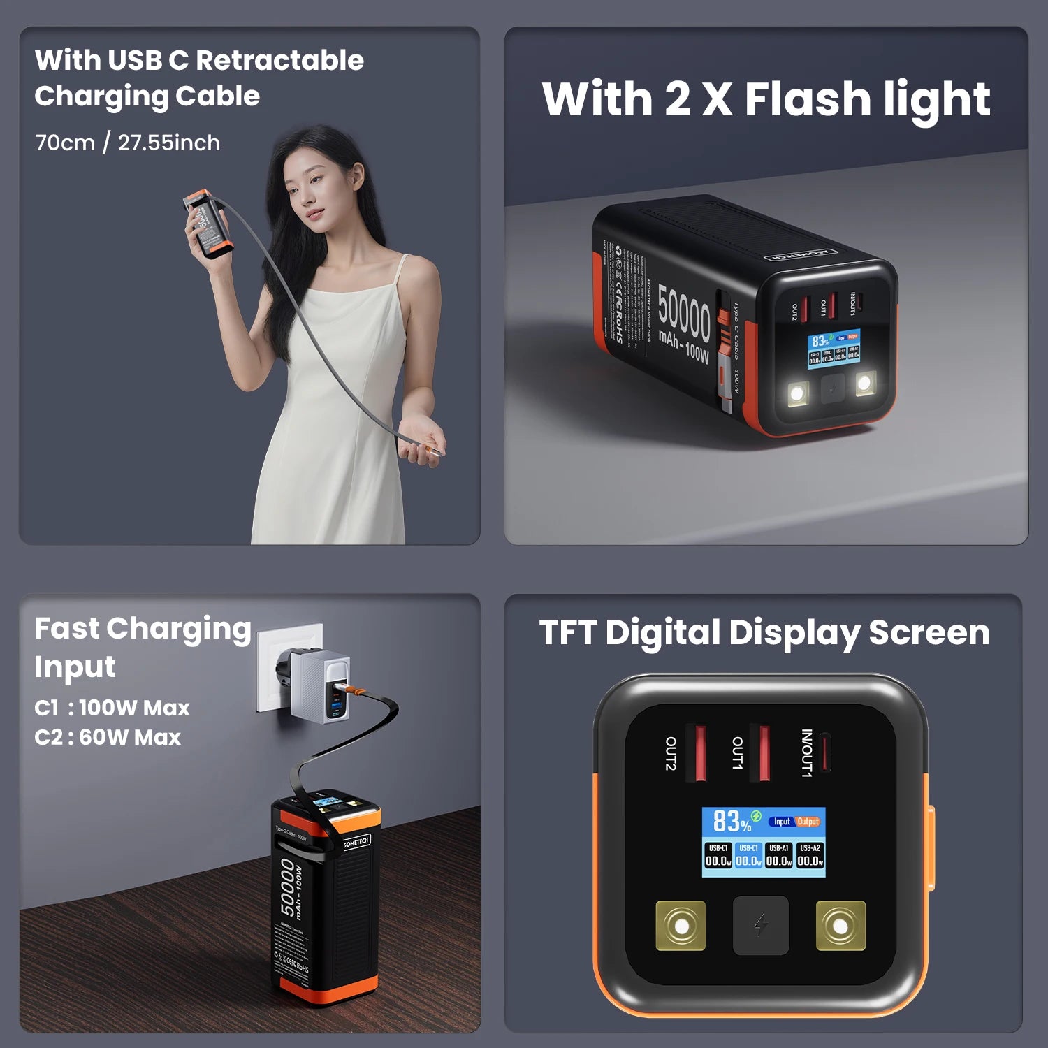 Power Bank 50000mAh 100W PD PPS Super Fast Charging Portable Spare Battery Type-C Retractable Cable Powerbank For Phone Laptop