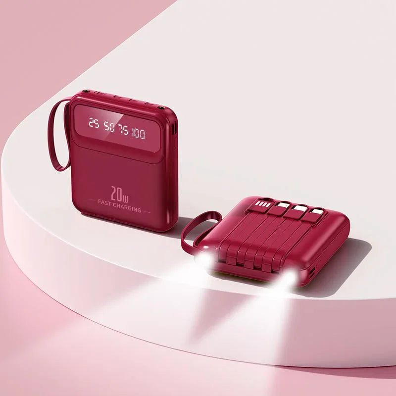 20000mAh Mini Power Bank 4in1 Cable Portable Charger Fast Charging LED Digital Display Poverbank External Battery Mobile Power
