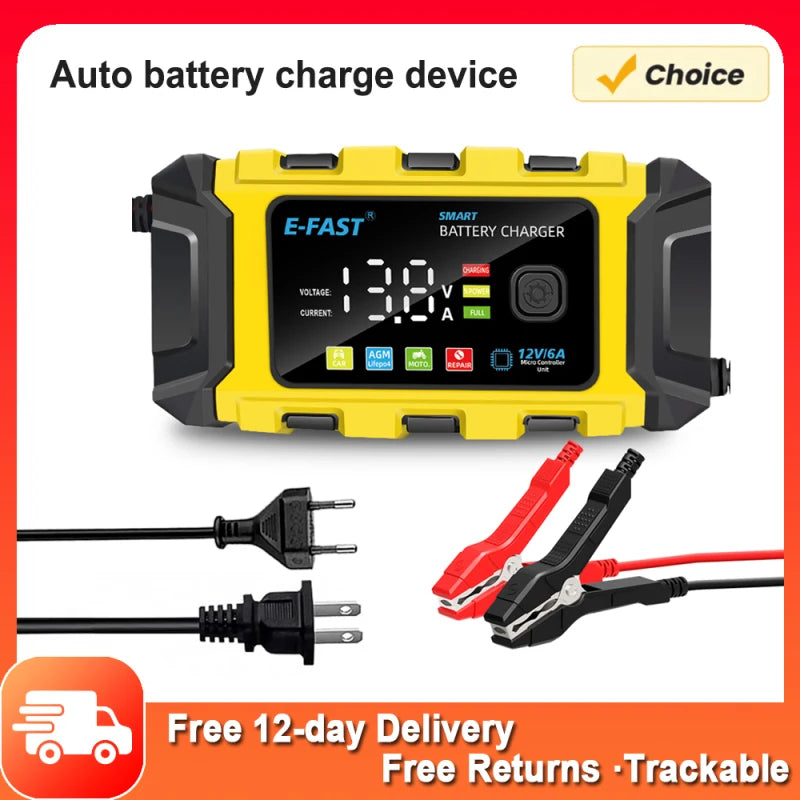 E-FAST Car Battery Chargers 12V/6A Full Automatic Battery Chargers Maintainer Portable Trickle Chargers Battery Desulfator