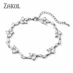 ZAKOL Luxury Water Drop Cubic Zirconia Charms Bracelets Silver Color Leaf Shape Wedding Party Jewelry Bijoux for Women