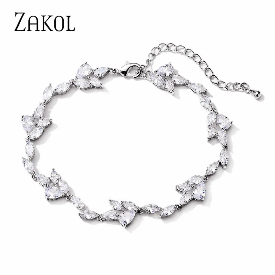ZAKOL Luxury Water Drop Cubic Zirconia Charms Bracelets Silver Color Leaf Shape Wedding Party Jewelry Bijoux for Women