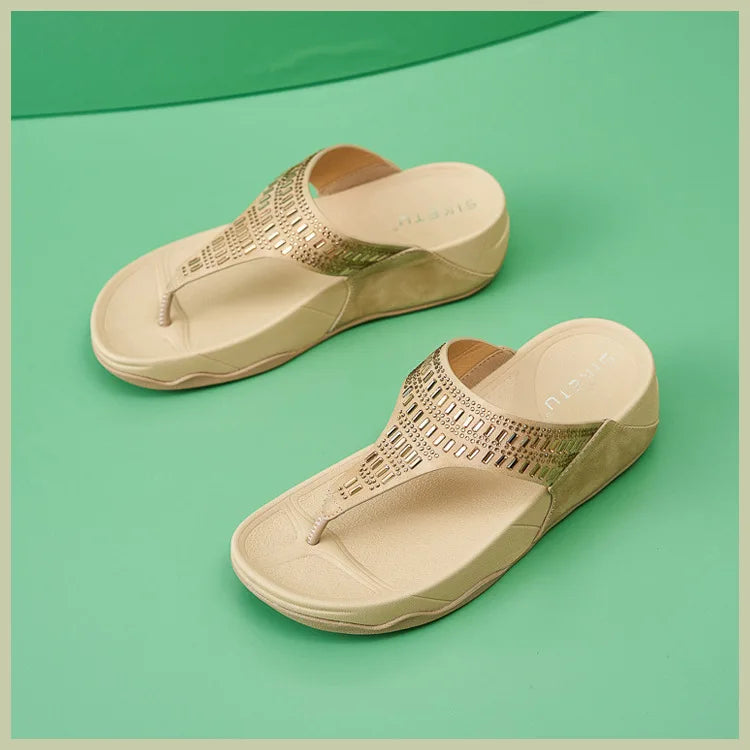 Women's Sandals Summer  Casual Non-Slip Suede  Diamond Soft Platform Wedge Flip Flop Walking Beach Slippers Shoes Woman