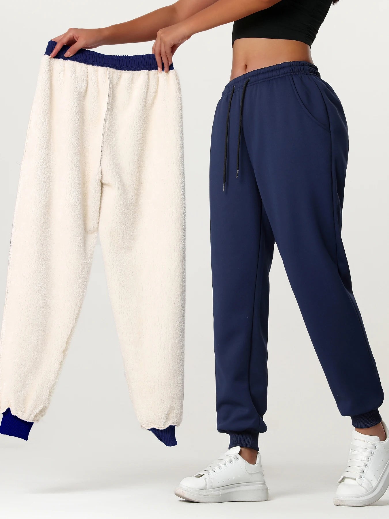 One pair of women's long pants for autumn and winter, thickened with fleece, warm solid color casual sportswear, with pockets