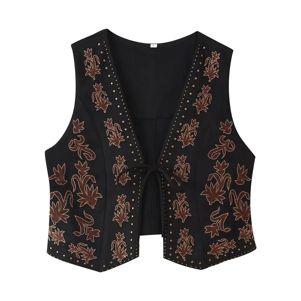 Women Fashion Embroidery Vest Suede Texture V-neck Waistcoat Sleeveless High Street 2025 New Vests Coat Female Tank Top