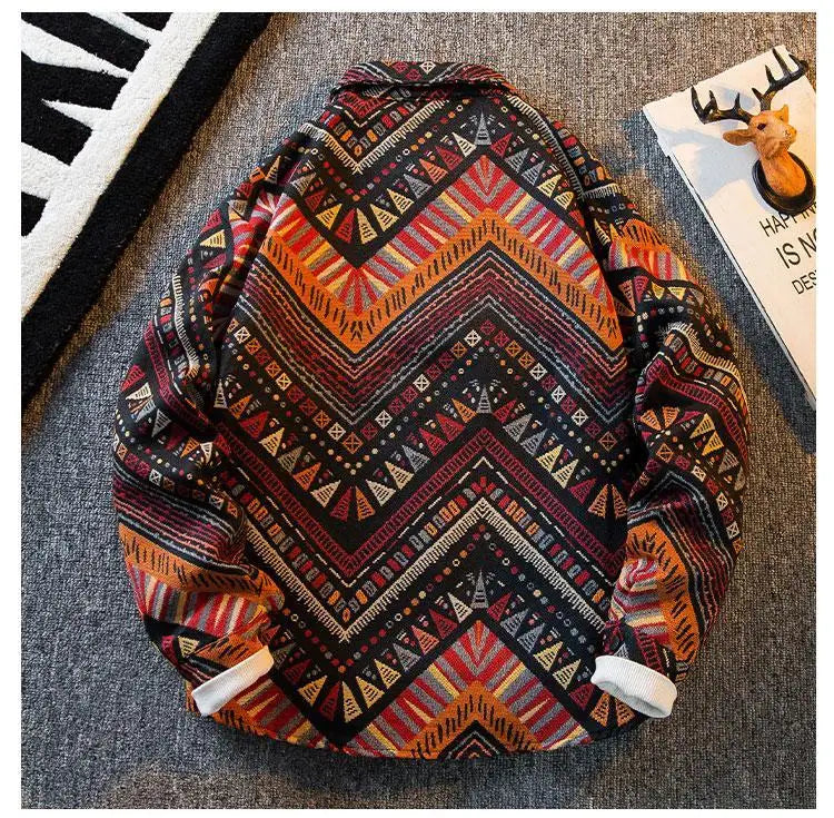 Men's high-density woven shirt men's high-end retro ethnic style long sleeved shirt trendy clothing jacket men clothing shirt