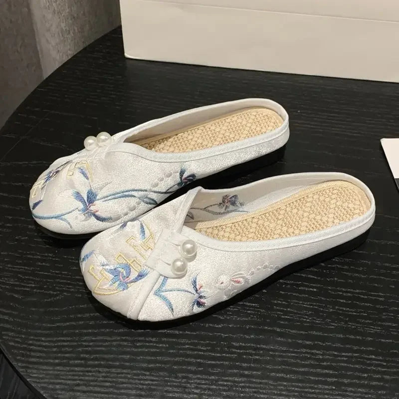 Woman Slippers Spring Autumn Soft Sole Baotou Flats Embroider Home Slippers Casual Shoes for Women Ethnic Style Outdoor Slippers