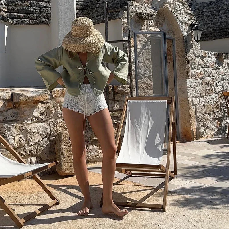 Casual Solid Lace Up Women Blouse Deep V-neck Long Sleeve Loose Female Shirt 2025 Spring Summer New Fashion Sweet Ladies Blouses