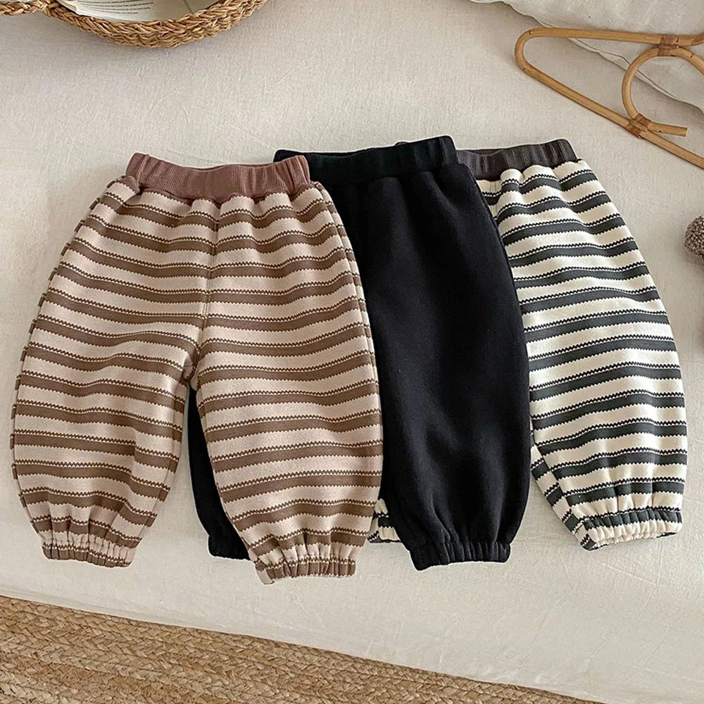 Pants For Boys Kids Winter Fleece Thicken Warm Children Clothing Striped Casual Loose Toddler Trousers