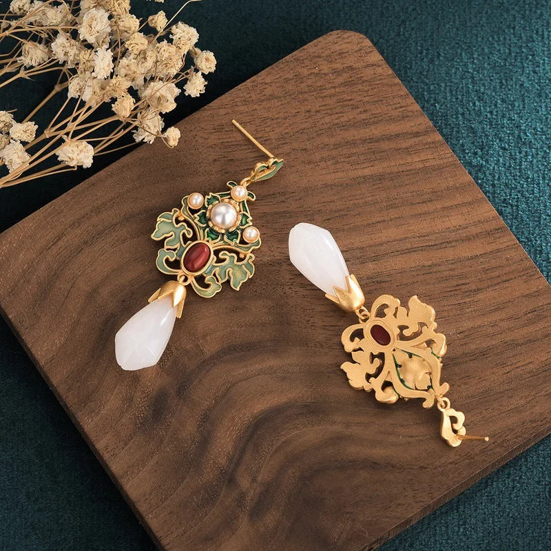 Earrings for Women Trendy Gold Color Drop Earrings Enamel Flower Hanging Earrings Chinese Style Jewelry Girl Party Gift Earrings