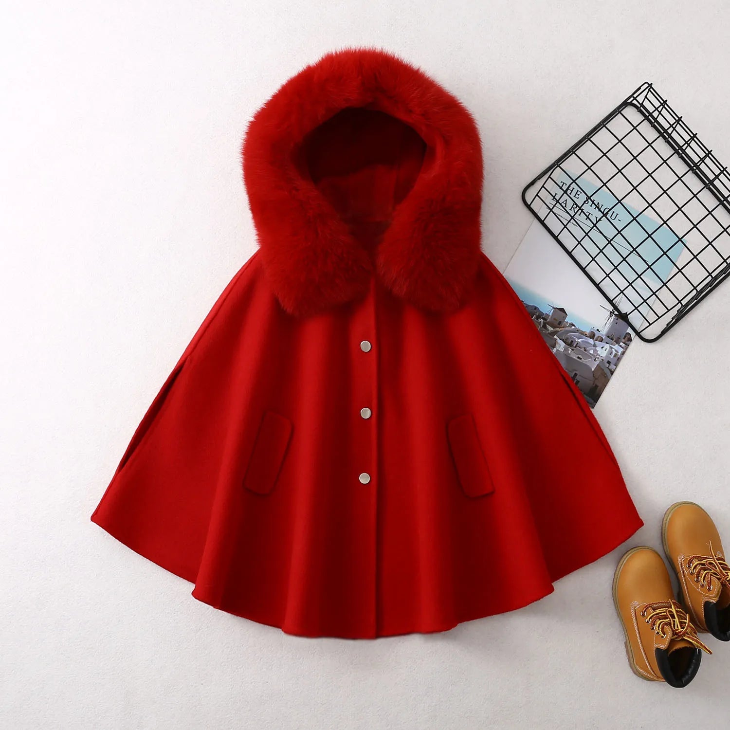 Winter Christmas Girls Woolen Coat  Woolen Cape Fox Fur Collar Kids Jacks for Girls Baby Girl Winter Cloths  Girls NewYear Coat