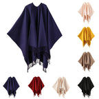 Winter Ladies' Fashion Warm Scarf Wrap Shawl Solid Color Double Layered Wearing Tassel Poncho Capes Neckerchief