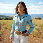 Women's Embroidery Blouse Long Sleeve Turn Down Sleeve Single Breasted Chic Western Cowboy Casual Vintage Autumn Shirt Tops