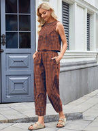 Fashion Women's Pants Set Printed Plaid Sleeveless 2025 Spring Summer Relaxed Vest Nine Point Pants Home Wear Female 2 Piece Set