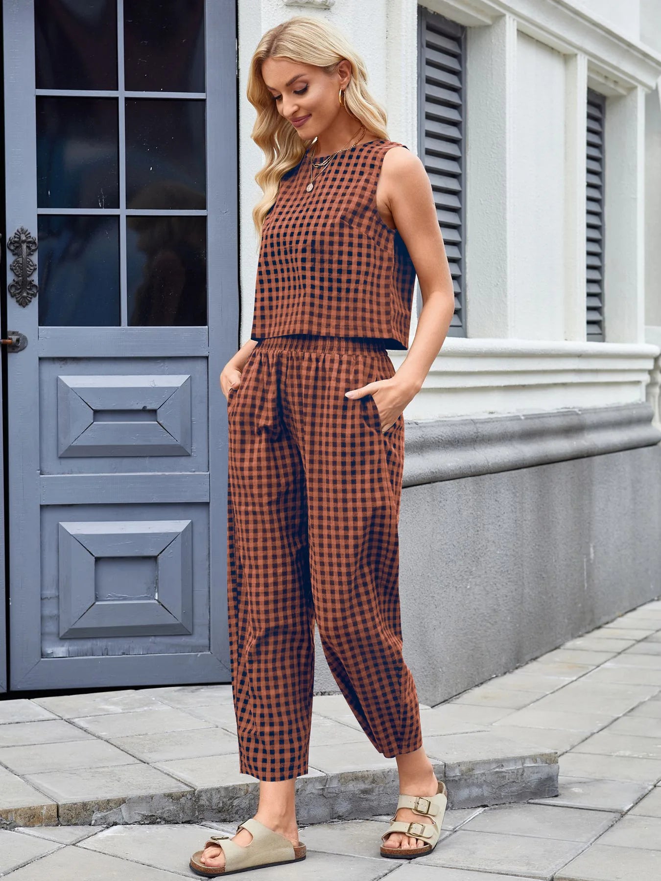 Fashion Women's Pants Set Printed Plaid Sleeveless 2025 Spring Summer Relaxed Vest Nine Point Pants Home Wear Female 2 Piece Set