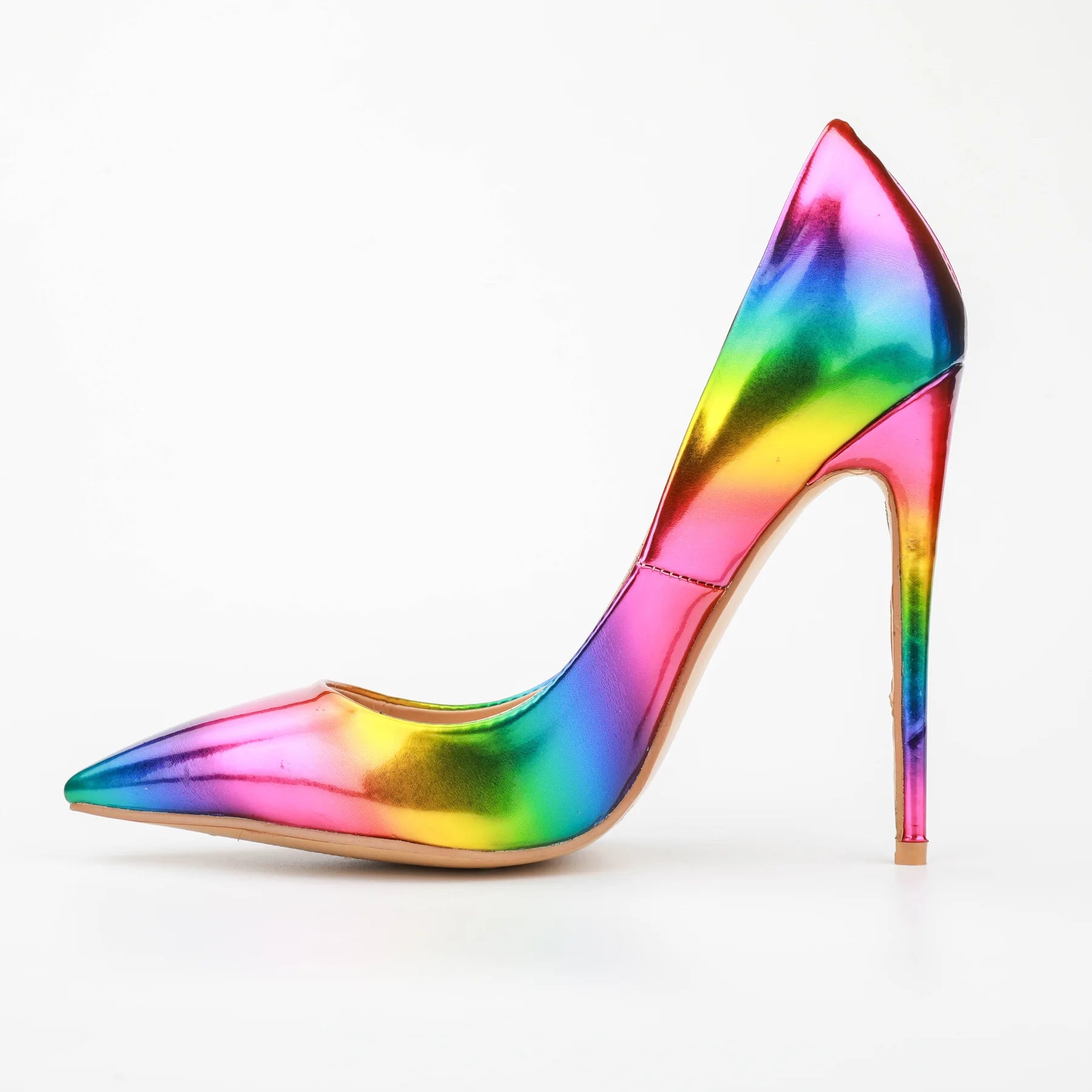 Brand Women High Heels 8-12CM Fashion Iridescent Pointed Toe Single Shoes Woman Thin Heel Summer Glossy Colorful Leather Pumps