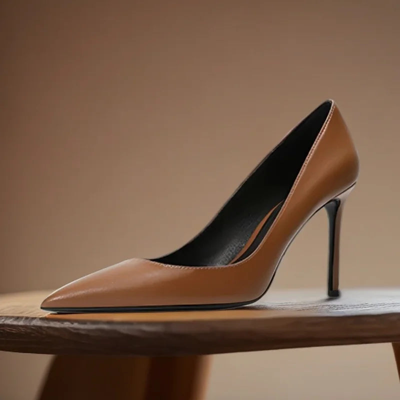 High heels for women thin heels matte brown leather surface commuting professional work shoes shallow mouth pointed single shoes