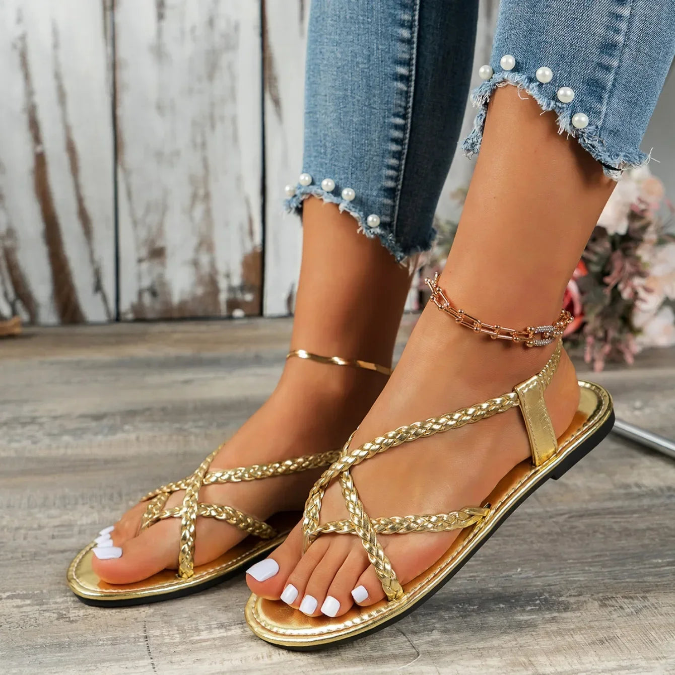 Women Sandals Ladies Square Heels Elegant Summer Slippers Outside Cross Tied Leather Female Slides 2024 Fashion Woman Sandals