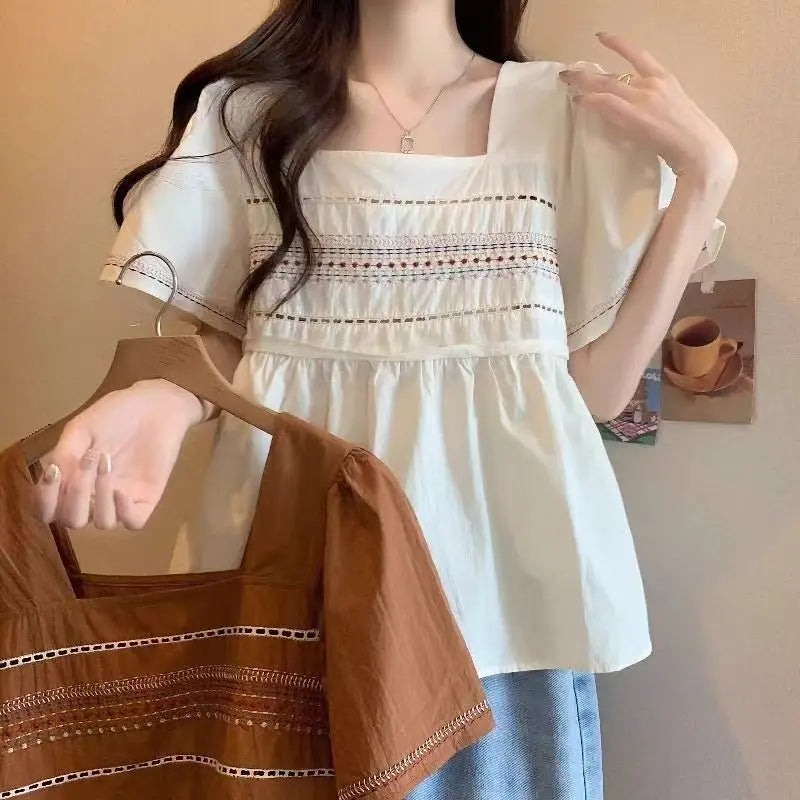 Women's Clothing Folk Embroidery Shirt Casual Loose Stylish Folds Hollow Out Summer Short Sleeve Elegant Square Collar Blouse