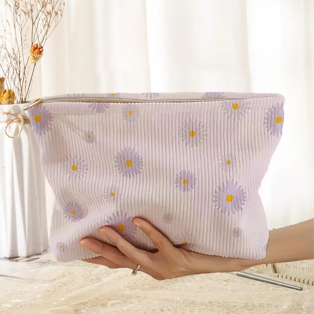 Cosmetic Bag Women Floral Makeup Case Organizer Korean Embroidery Cosmetic Pouch Travel Toiletry Bag Corduroy Canvas Beauty Case