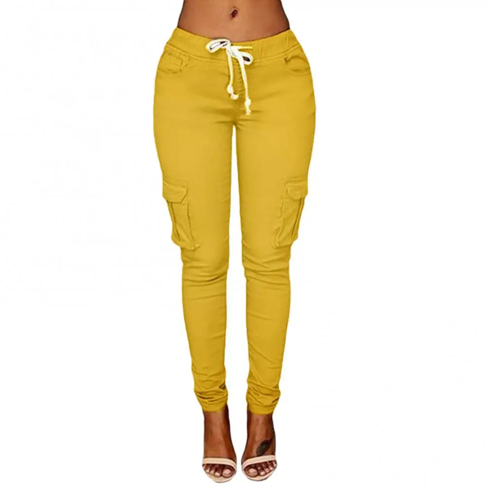 Pants Casual Solid Color Women Trousers Skinny Cargo Pockets Drawstring Joggers Trousers
