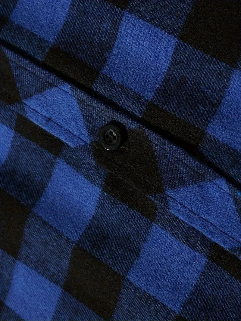 Men's Shirts Classic Plaid Casual Button Down Hooded Long Sleeved Double Pockets Shirt Hoodie Flannel Jacket Spring Autumn Tops