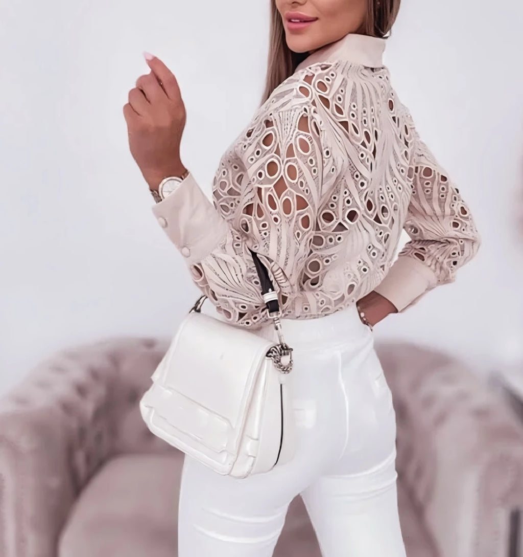 Women's Blouses Hollowed Out Long Sleeved Shirt Casual Solid Button Up With Lapel And Open Front Camisas Femininas