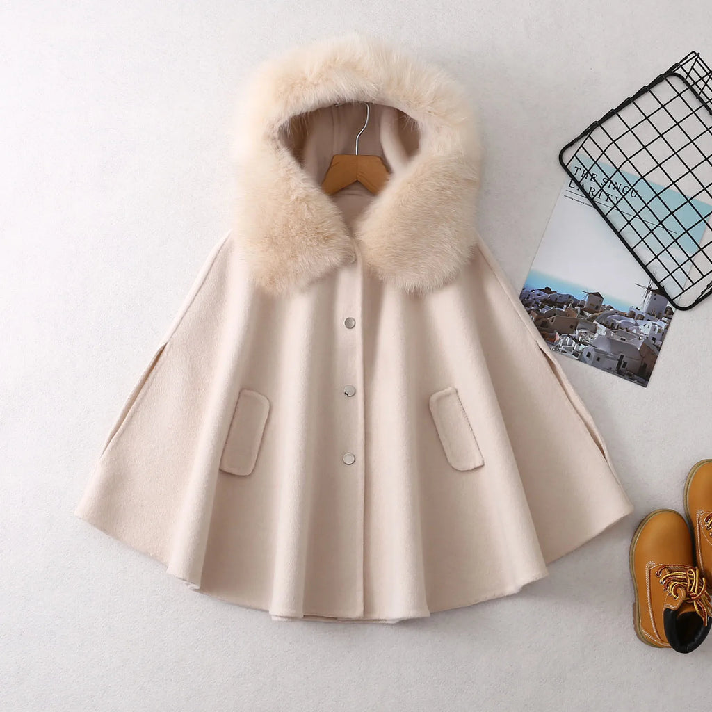 Winter Christmas Girls Woolen Coat  Woolen Cape Fox Fur Collar Kids Jacks for Girls Baby Girl Winter Cloths  Girls NewYear Coat
