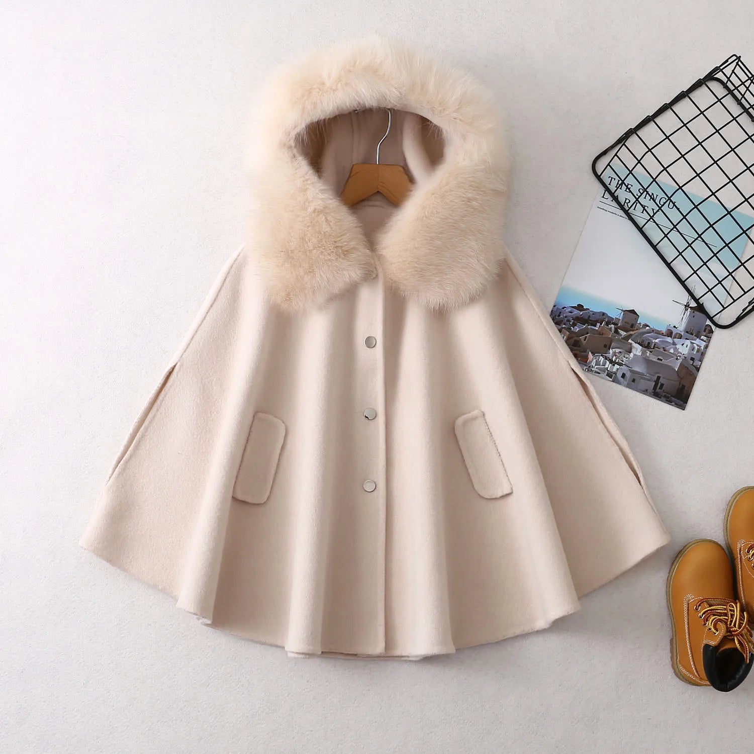 Winter Christmas Girls Woolen Coat  Woolen Cape Fox Fur Collar Kids Jacks for Girls Baby Girl Winter Cloths  Girls NewYear Coat